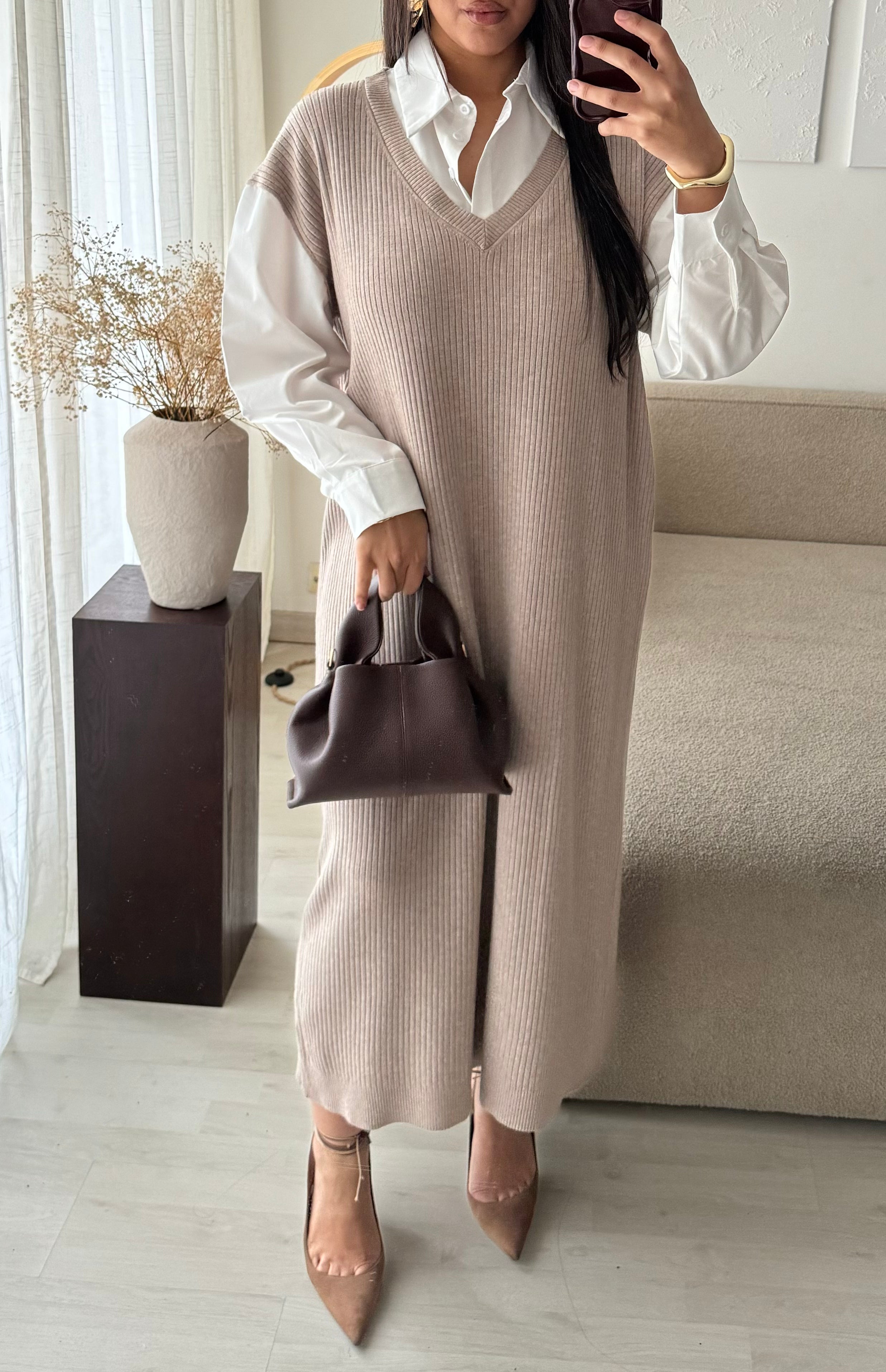 Robe pull chemise Amaya- Taupe