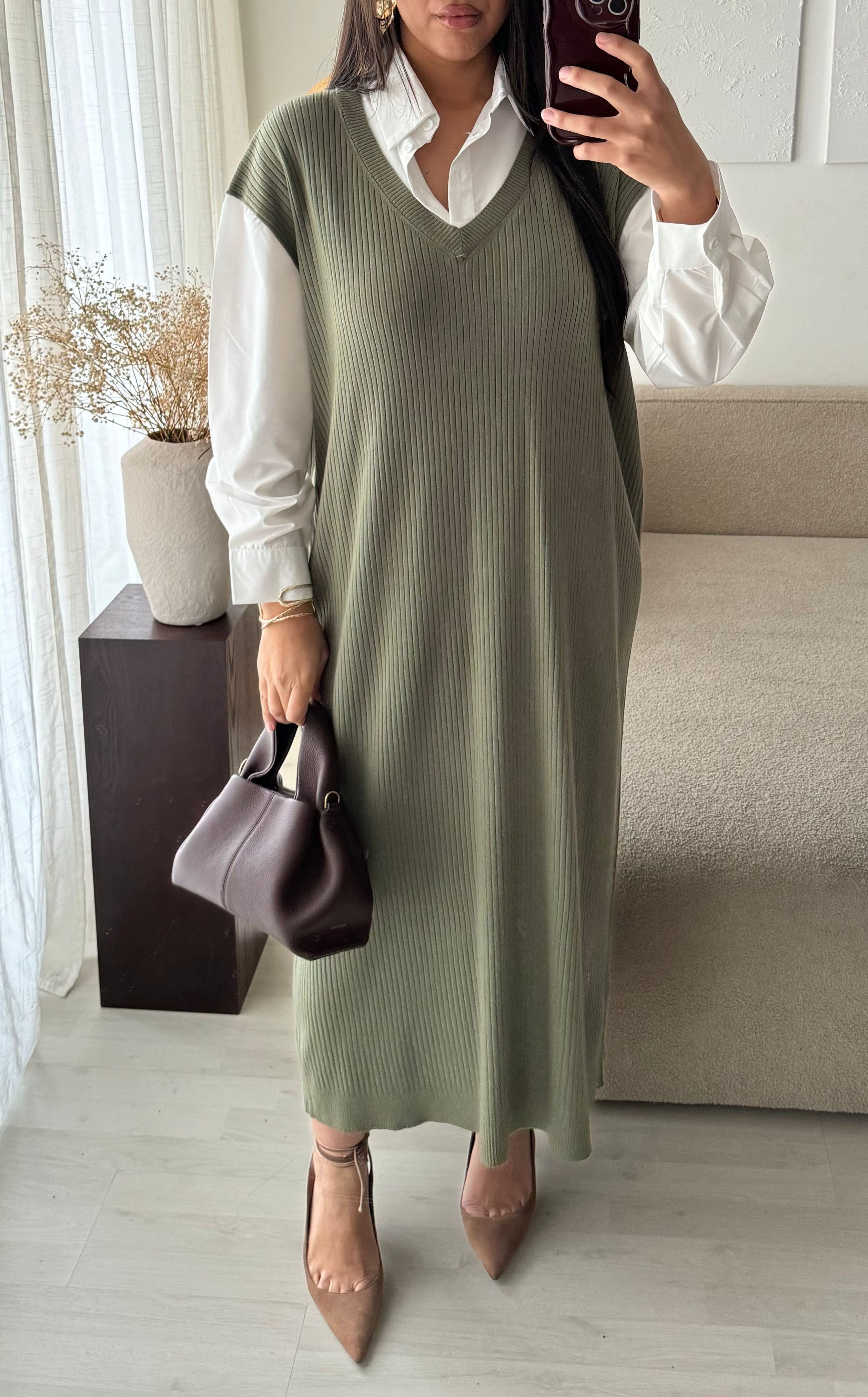 Robe pull chemise Amaya- Kaki